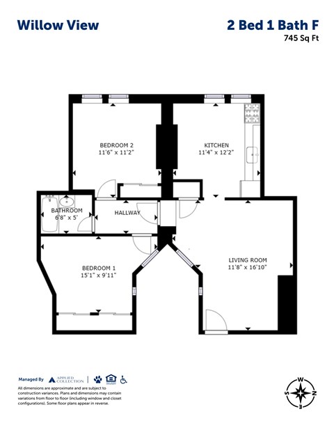 Floor plan for 2 beds, 1 bath, 745 sqft